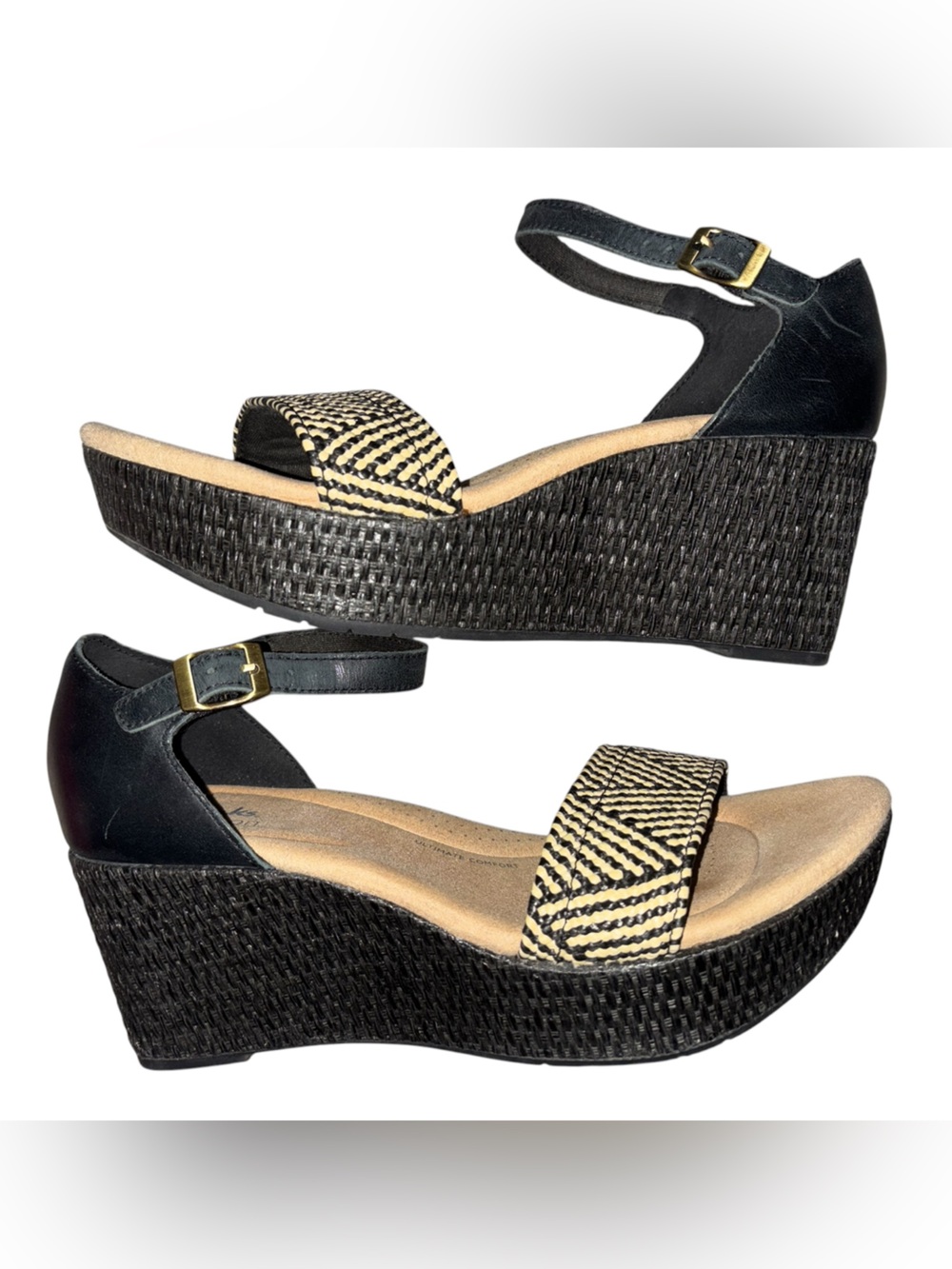 Clarks Collection Rose Ease Black Leather Ankle Strap Wedges Size 9